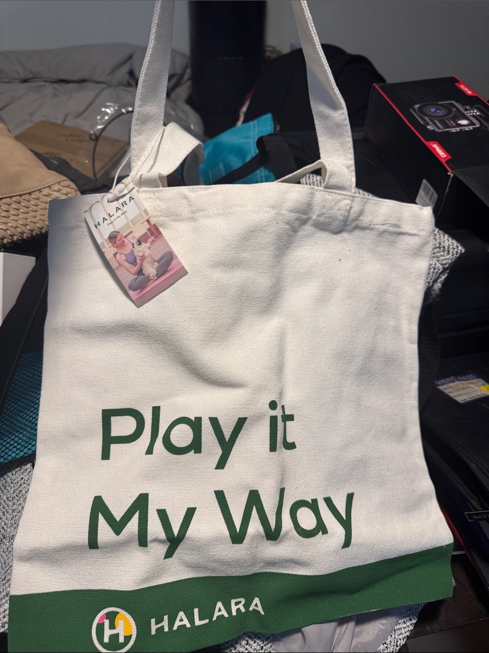 HALARA White Canvas Tote with Green Trim and Logo
